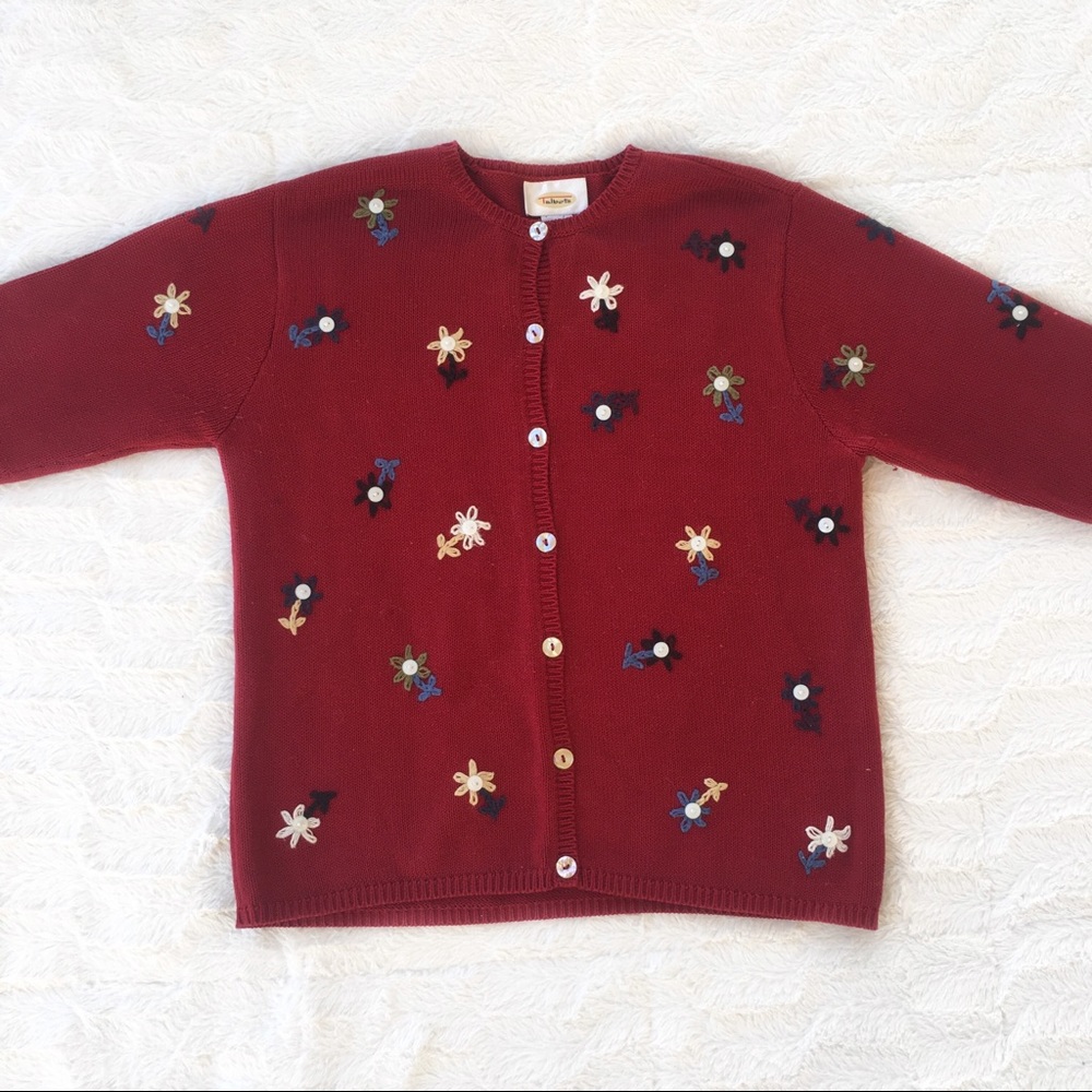 Talbots Floral Embroidered Button Up Sweater